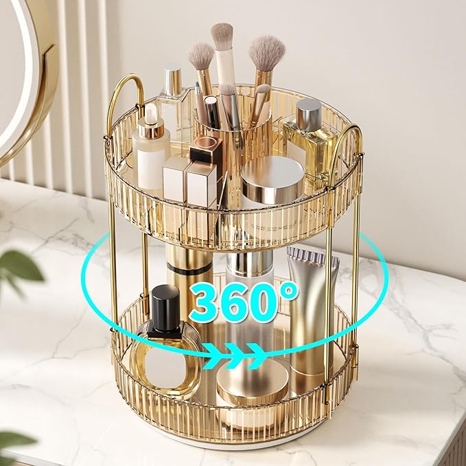 360 Rotating Makeup Organizer - Large-Capacity Skincare & Makeup Storage with 2-Tier Perfume Organizers, Cosmetic Dresser & M