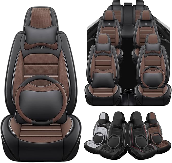 Seat Covers Full Set for GMC Yukon XL 2000-2025, 7 Seat, Leather Seat Covers for Cars, Car Seat Protector Waterproof, Non-Slip Interior with Pillow Steering Wheel Covers, Black Coffee