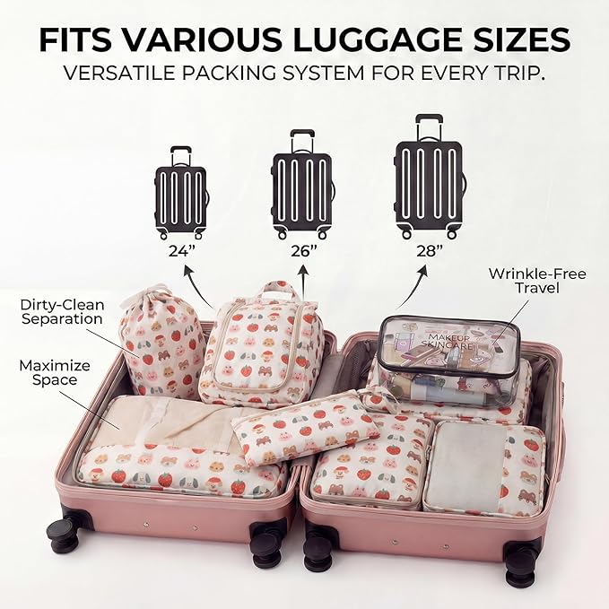 8 Set Packing Cubes for Travel with Clear Toiletry Bag, Durable Luggage Packing Organizers, Carry-On Accessories, TSA Approve