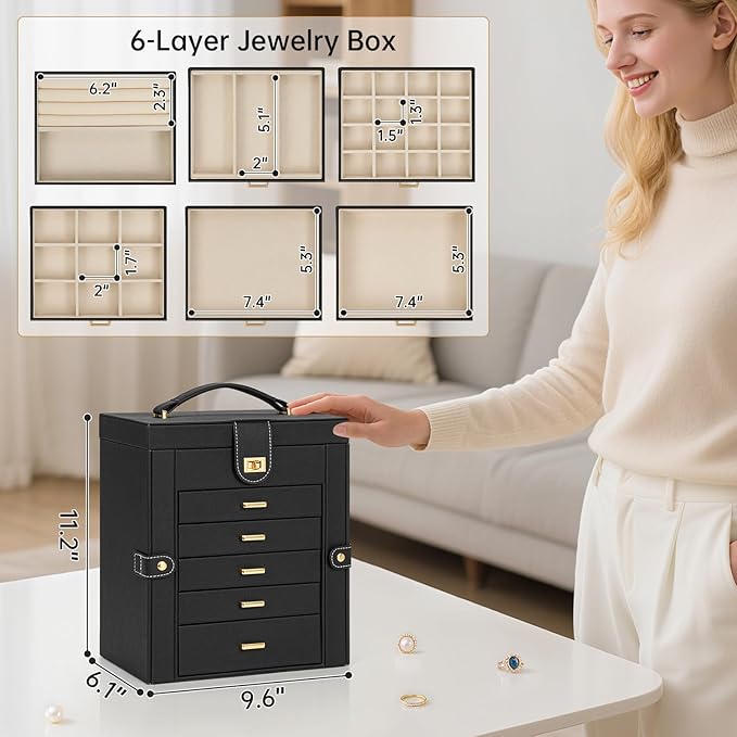AKOZLIN 6-Tier Jewelry Box Organizer Functional 5 Drawers Leather Jewelry Storage Case for Women Girls Ring Necklace Earring 