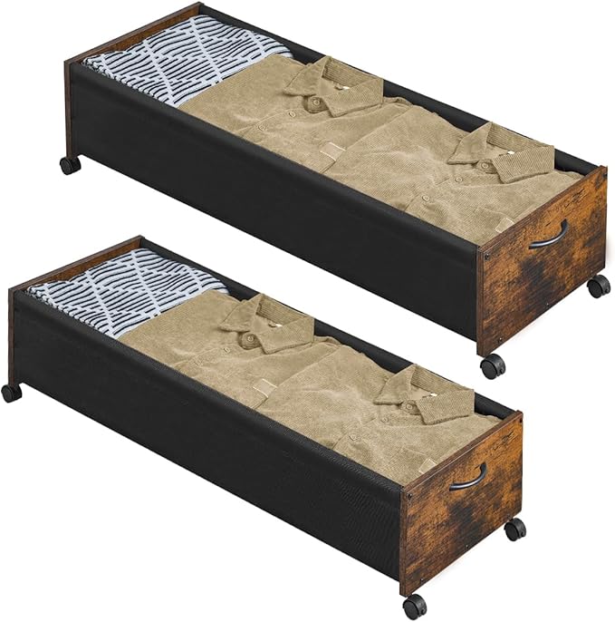 Under Bed Storage with Wheels, Wooden Under Bed Drawers On Wheels, Rolling Under Bed Shoe Storage, Space Saving,Rustic Brown,