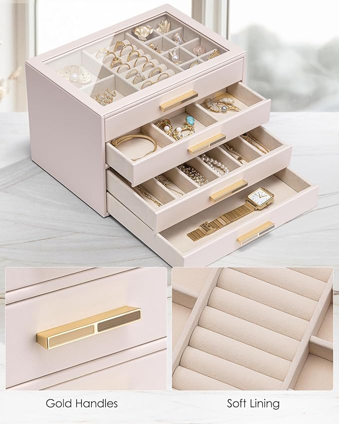 Vlando 4 Layer Jewelry Box for Women, Glass Lid Jewelry Organizer with 4 Drawers for Necklaces Rings Earrings Bracelets - Lig