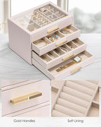 Vlando 4 Layer Jewelry Box for Women, Glass Lid Jewelry Organizer with 4 Drawers for Necklaces Rings Earrings Bracelets - Lig