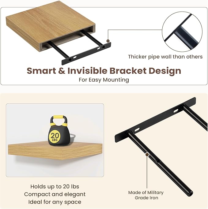 Fun Memories Floating Shelves for Wall - 7.5 Inch Square Shelves with Invisible Brackets, Small Wall Shelf for Living Room, B