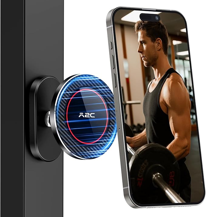 A2C All-Metal Gym Magnetic Phone Holder, High-End Workout Gift for Men Women [Strongest Dual Magnet] Attach to Iron Metal Portable Integrated Gym Phone Mount for iPhone 17 16 15 14 13 12 Series(Black)