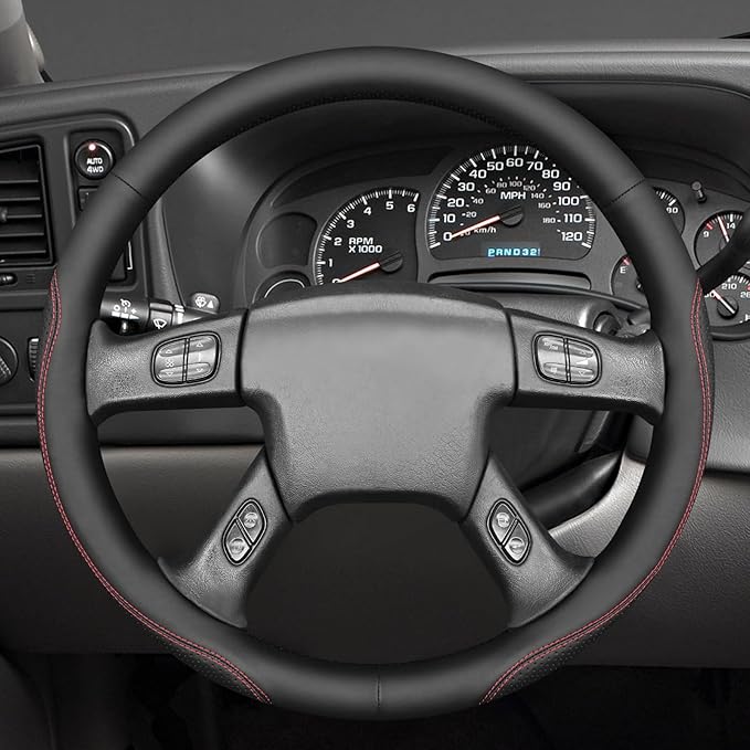 MEWANT Hand Stitch Steering Wheel Cover for Chevy Silverado 1500 2500 Black Smooth Perforated Faux Leather Steering Wrap