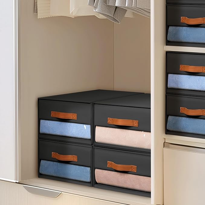 DIMJ Closet Organizers and Storage - Foldable Storage Bins with Drawers Fabric Stackable Storage Drawers with Clear Window,Fa