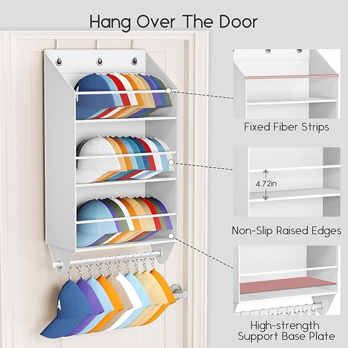 Homsorout Over the Door Hat Rack - 3-Layer Design Hat Organizer Holds 30-36 Hats with 10 Hooks, Ideal Hat Rack for Door, Over