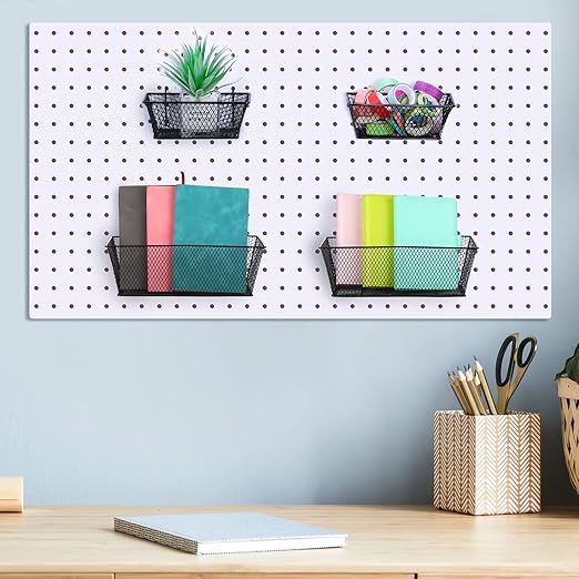 Sieral 4 Pcs Black Pegboard Baskets Metal Wire Shelf Baskets Peg Board Organizer Accessories Wall Mount Organizer Attachments