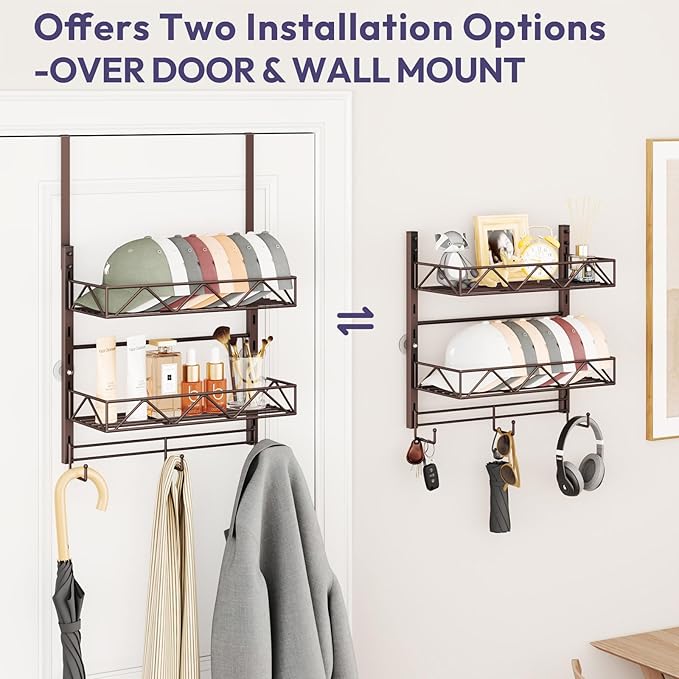 SWTYMIKI Over Door Hat Organizer - 3 Tier Wall Mounted Hat Rack with 2 Adjustable Metal Basket and 3 Hooks, Hanging Baseball 