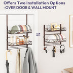 SWTYMIKI Over Door Hat Organizer - 3 Tier Wall Mounted Hat Rack with 2 Adjustable Metal Basket and 3 Hooks, Hanging Baseball 