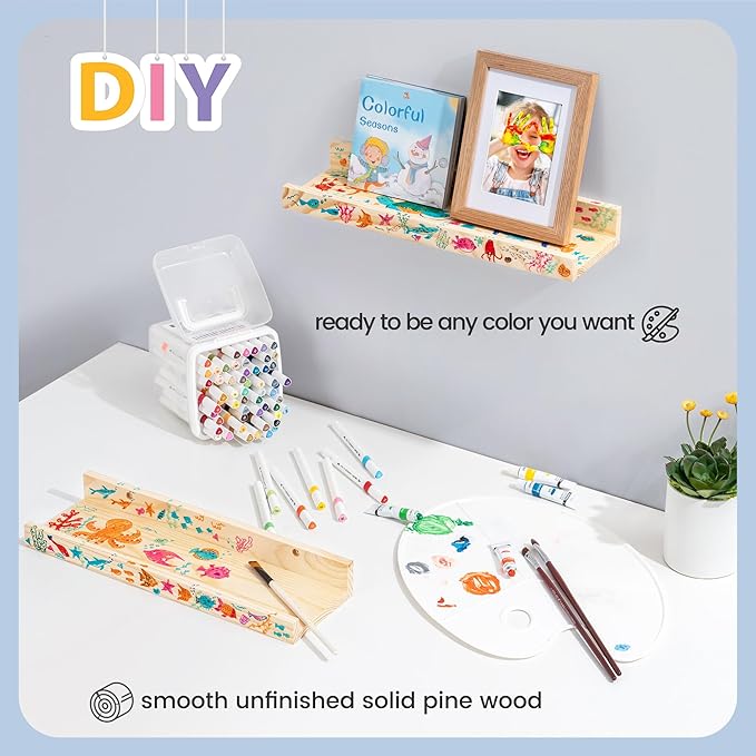 Picture Ledge Shelf for Wall, 16 inch Solid Pine Wood Nursery Book Shelves 2 Packs, Floating Ledge Shelves for Kids' Room Bed