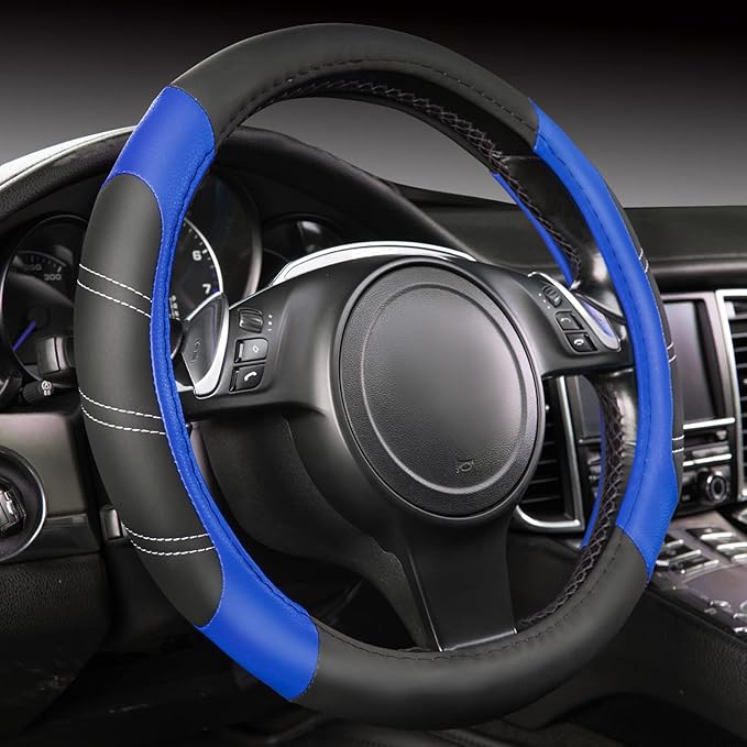 CAR PASS Line Rider Microfiber 14 Inch Leather Sporty Steering Wheel Cover Universal Fits for Truck,SUV,Cars, Anti-Slip Safet