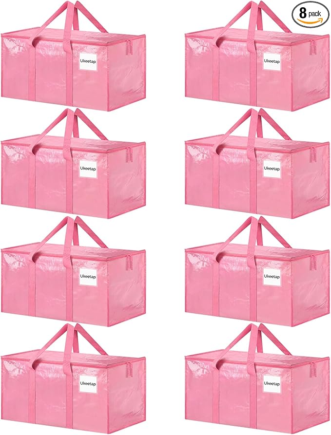 8 Pack Extra Large Heavy Duty Moving Bags, Pink Storage Bins with Lids, Reinforced Handles & Heavy-Duty Zippers Moving Boxes 