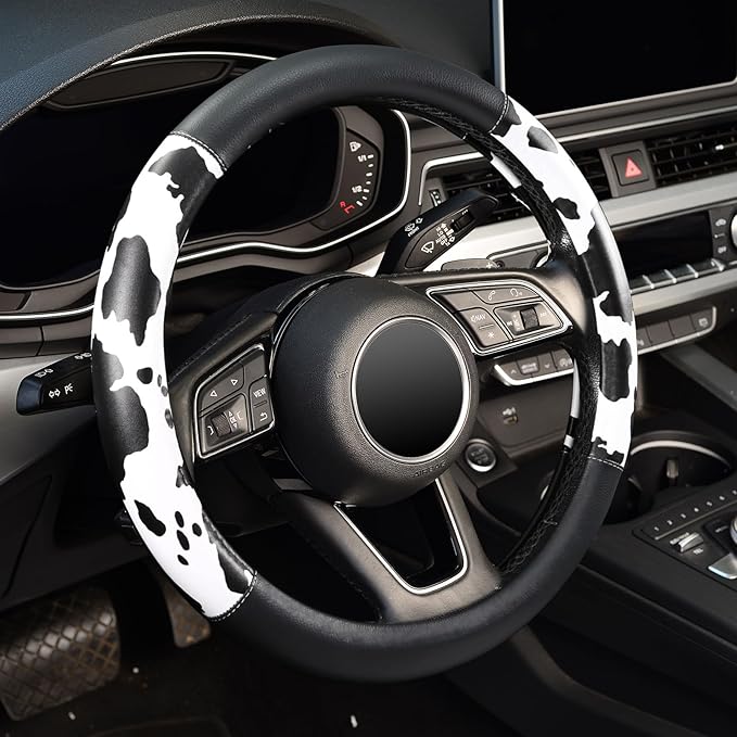 ZHOL Cow Print Steering Wheel Cover, Universal Fit 14.5-15 inch Premium Microfiber Leather Steering Wheel Protector for Cars/
