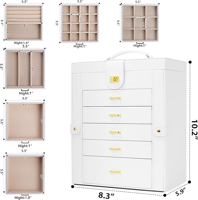 AKOZLIN Functional 6-Tier Jewelry Box Organizer with 5 Drawers Leather Jewelry Storage Case for Women Girls Ring Necklace Ear