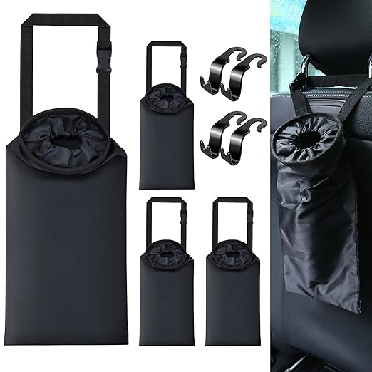 4 Pack Hanging Car Trash Bags, Washable Automotive Garbage Can for Back Seat with 4 Car Headrest Purse Hooks
