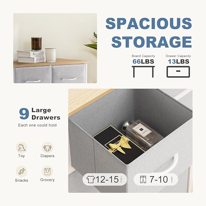 DUMOS 9 Drawer Dresser for Bedroom, Fabric Storage Organizer with Sturdy Metal Frame, Wooden Top Chest of Drawers for Closet 