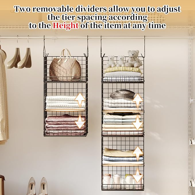 Yuyetuyo 5 Tier Closet Hanging Organizer and Storage Separable Hanging Closet Shelves with 4 Hooks 2 Adjustable Dividers, Wir
