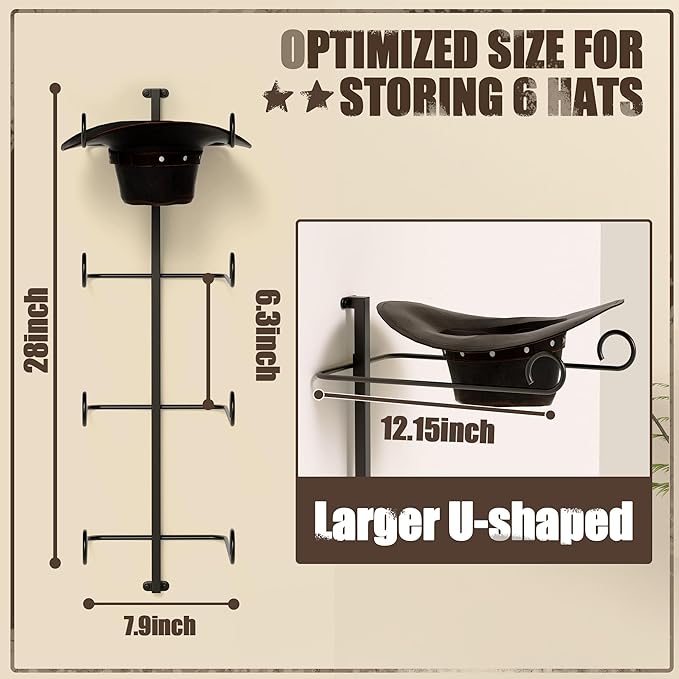 Alyoen Cowboy Hat Rack for Wall, Cowboy Hat Holder Wall Mount Holds Up to 4 Hats, Metal Hat Organizer Storage Hanger, Western