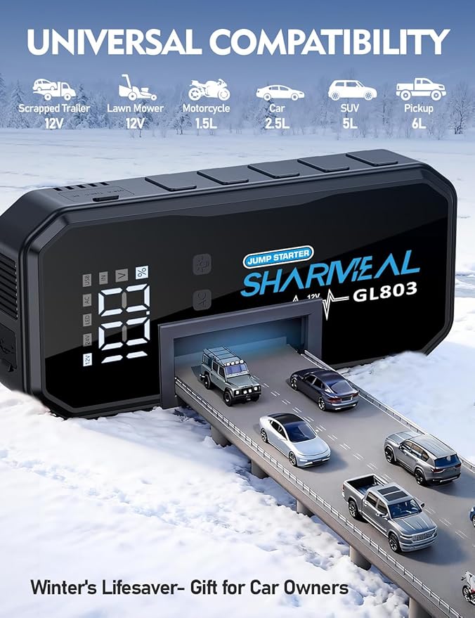 Sharmeal 22-in-1 9000A Jump Starter, 24000mAh Car Booster Pack with 80W AC Outlet & PD 35W Super Fast Charging, 12V Jump
