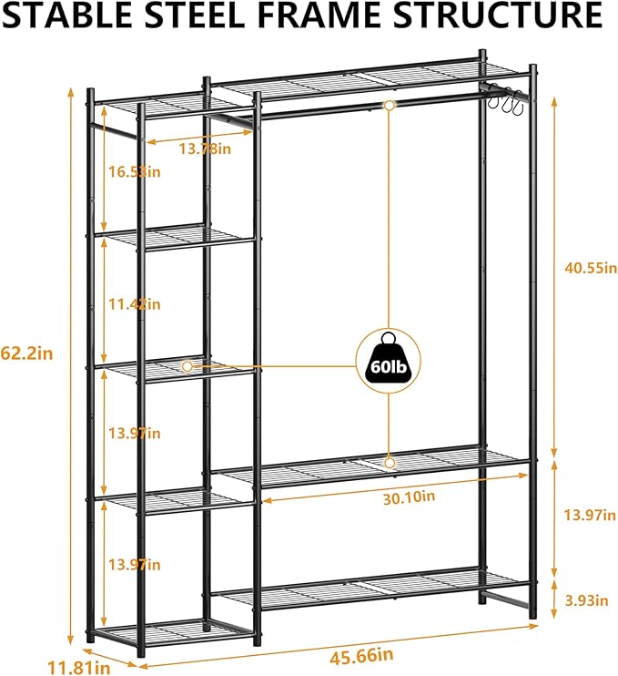 Wardrobe Closet,Portable Clothes Rack with 4 Tiers Shelves,Freestanding Closet Organizers and Storage System with Hanging Rod