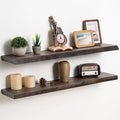 Fun Memories Floating Shelves for Wall Decor Set of 2-36 Inch Solid Elm Wood Live Edge - Rustic Walnut Wall Shelves with Invi