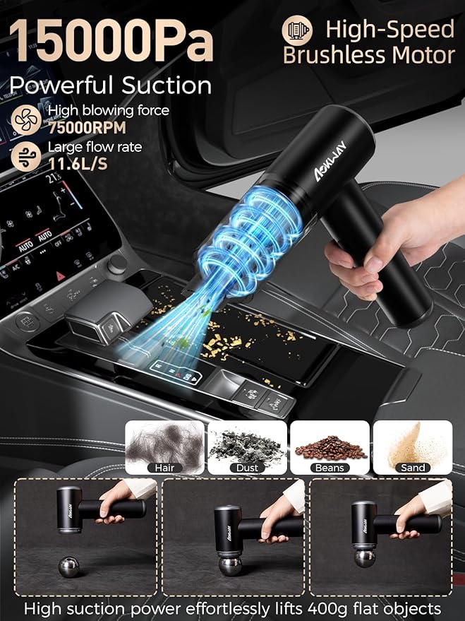 aokway Car Vacuum Portable Cordless 15000PA Powerful Suction, 7500mAh, 4-in-1, High Power Mini Vacuum Cleaner for Car, Home, 