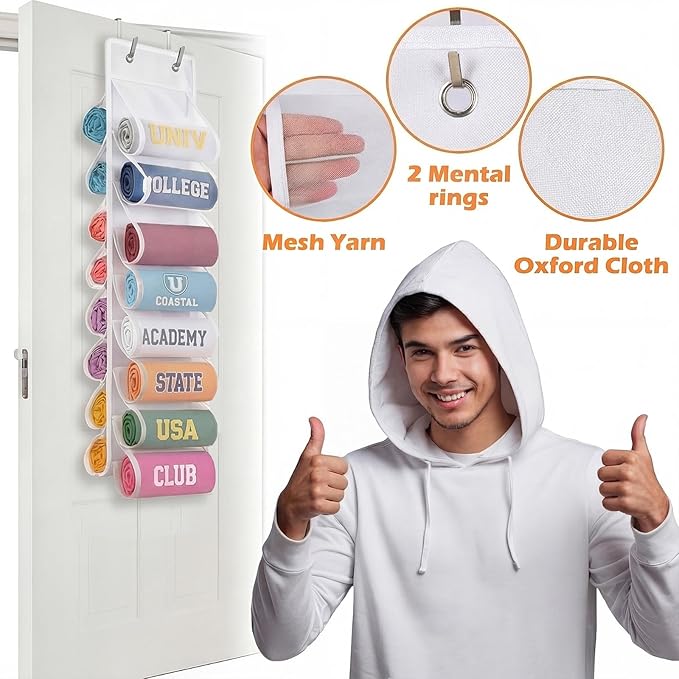Over The Door Hoodie Organizer, Double Sided Holds 16 Hoodies, White Hanging Storage with 2 Hooks and Rope for Door Closet Ca