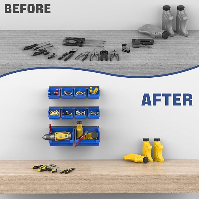 WALMANN Wall Mounted Storage Bins for Small Parts, 10 Bins with 3 Metal Rails, Plastic Wall Bins for Screws, Bolts, Nuts, Cra