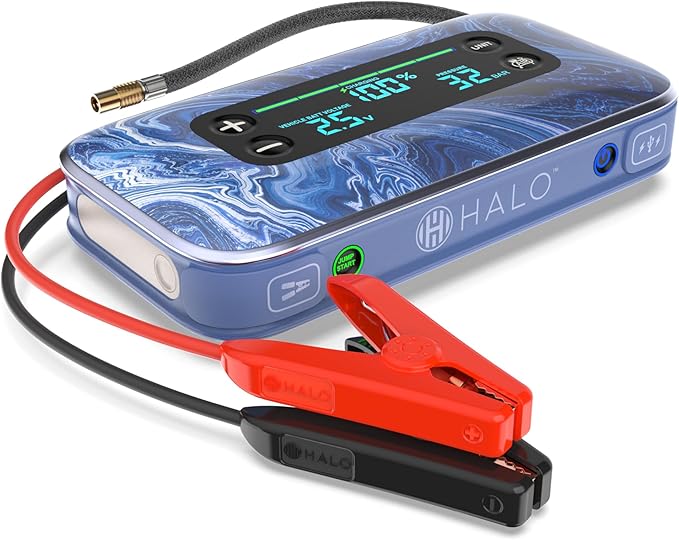 HALO Bolt Air+ 1750 Portable Car Battery Jump Starter | 130 PSI Air Compressor, 59.9Wh USB Power Bank, Large Display,