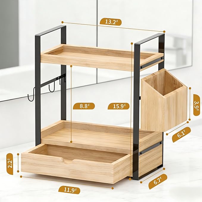 2-Tired Bathroom Counter Organizers and Storage, Bathroom Countertop Organizer with Drawer, Solid Wood Skincare Perfume Organ