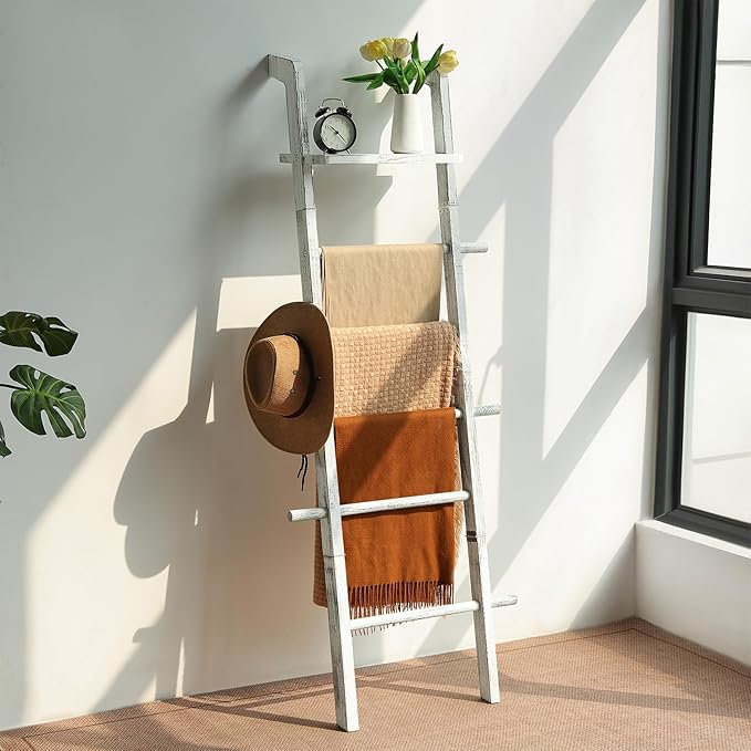 Taozun 67-Inch Farmhouse Blanket Ladder with Shelf and Hooks, 5-Tier Wooden Wall Leaning Towel Quilt Rack Holder for Living R