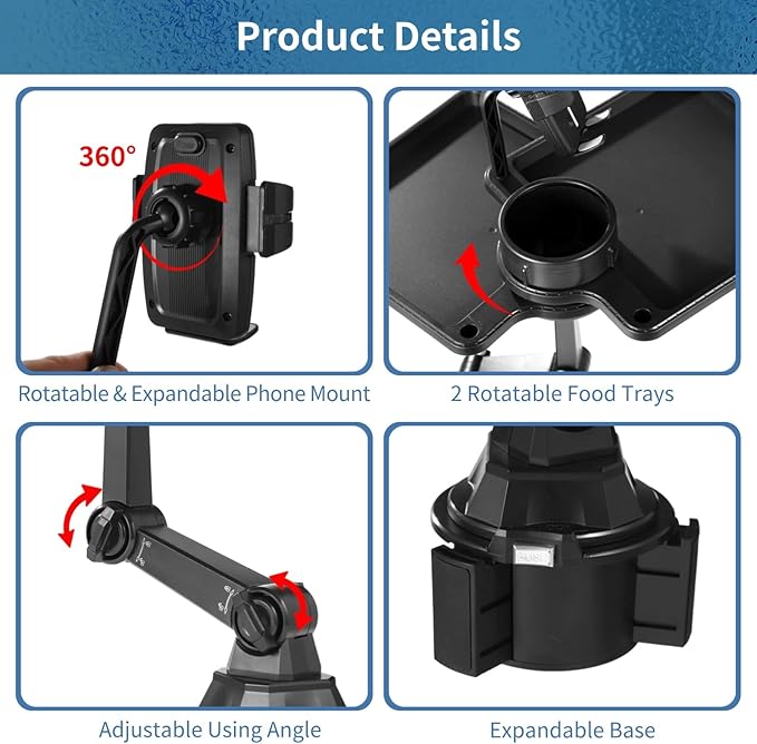 Car Food Tray, Car Cup Holder Tray, Detachable Cup Holder Tray for Car, 360° Adjustable Rotating Arm, 2 Food Swivel Trays, Ideal Use for Daily and Trip