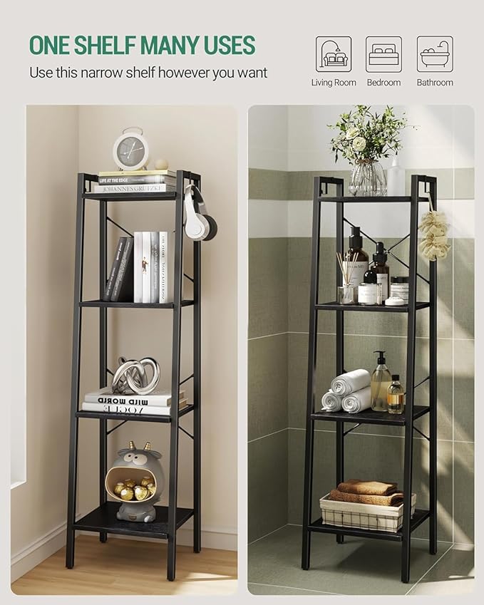 Hzuaneri Ladder Shelf, Bookshelf Bookcase, Freestanding Corner Storage Shelve with 2 Hooks for Home Office, Living Room, Kitc