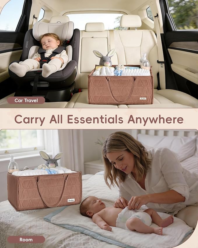Diaper Caddy Organizer, Quilted Caddy Organizer with Handle, Car Caddy Organizer For Diaper and Wipes, Nursery Storage Basket