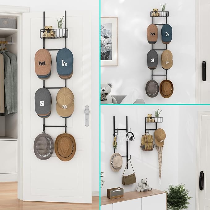 HapiRm Over Door Hat Rack - 2 Packs Wall Mounted Hat Holder with 6 Hooks and Metal Basket Design, Baseball Cap Organizer Stor