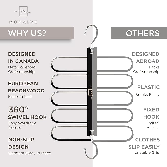 MORALVE Pants Hangers Space Saving - 4 Pack European Beechwood Scarf and Jean Hangers - Closet Organizer and Space Saver Pant