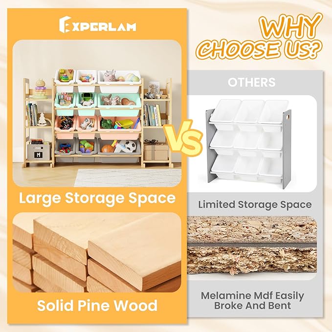 EXPERLAM Extra Large Toy Storage - Toy Storage Organizer, Wooden Toy Organizer with 6 Side Shelves and 12 Bins, 3-in-1 Booksh