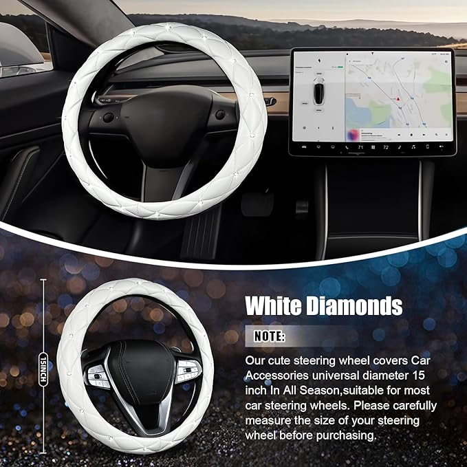 SuperKaKa Steering Wheel Cover, Auto Cute PU Diamond Bling Breathable Soft Comfort Leather Car Interior Accessories Sparkly F