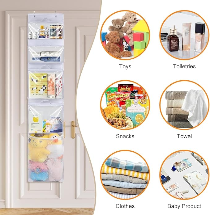 Woodoulogy Hanging Toy Storage over Door, Block Stuffed Animal Organizer Idea with 4 Removable Case Bag, Bi-Fold Closet Holde