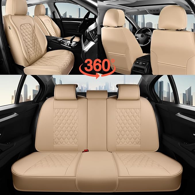 Coverado Full Set Leather Car Seat Covers, Waterproof Faux Leather Seat Covers, Beige Car Seat Protectors, 5 Seats, Universal