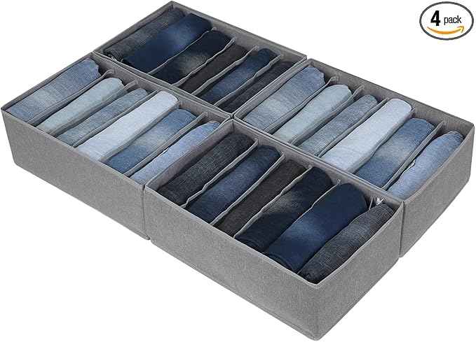 Qozary Jeans Pants Organizer for Closet, 4 Pack Drawer Organizers for Clothing, 6 Grids Wardrobe Clothes Organizer, Jean Orga