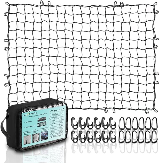 Cargo Net for Pickup Truck Bed-4' X 6' Stretches to 8' X 12'-Bungee Truck Cargo Net for Trucks, SUVs & Cars-4”x4” Mesh Sized Cargo Netting for Car Bed & Roof Rack to Hold Various Loads