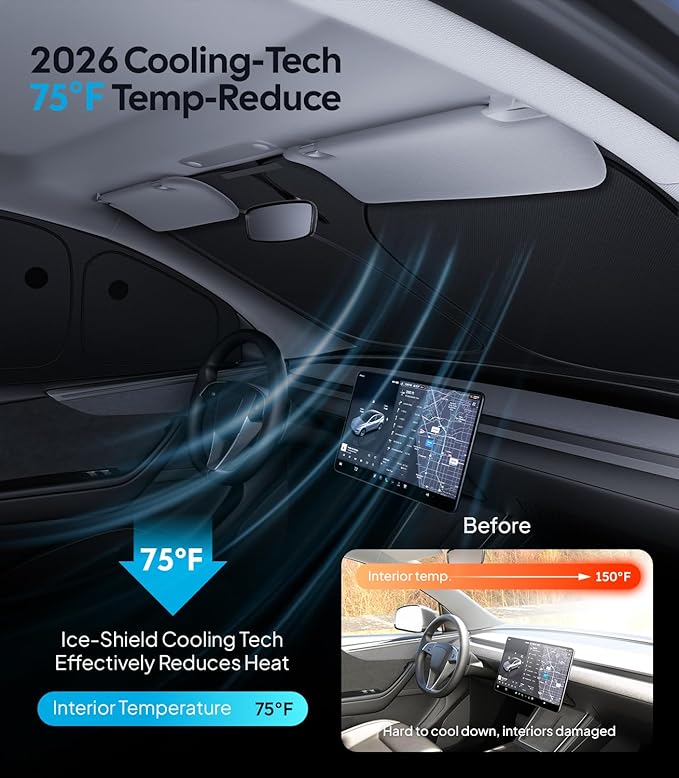 Wigoo 2026 Upgrade 8PCS Full Set Window Sunshade for Tesla Model Y Juniper 2025-2026 [7-Layer Cooler & Blacker, Ice-Crystal Tech] with Windshield for Sun Block, Baby, Camping, Privacy Napping, Relax