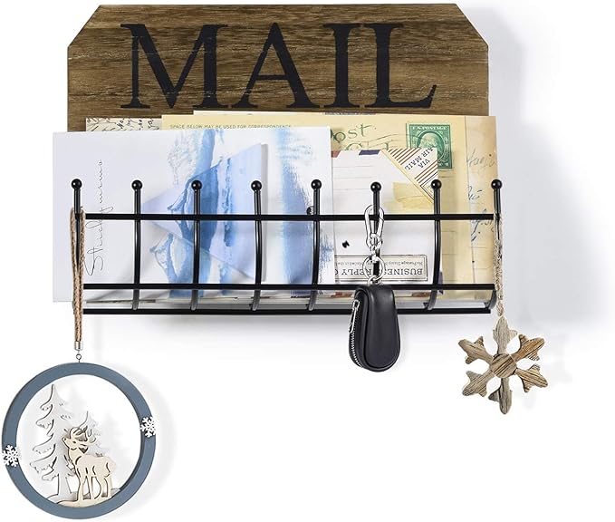 SRIWATANA Rustic Mail Holder Organizer, Key Holder Wall Mount Mail Sorter for Hallway Foyer and Home Decoration - Carbonized 