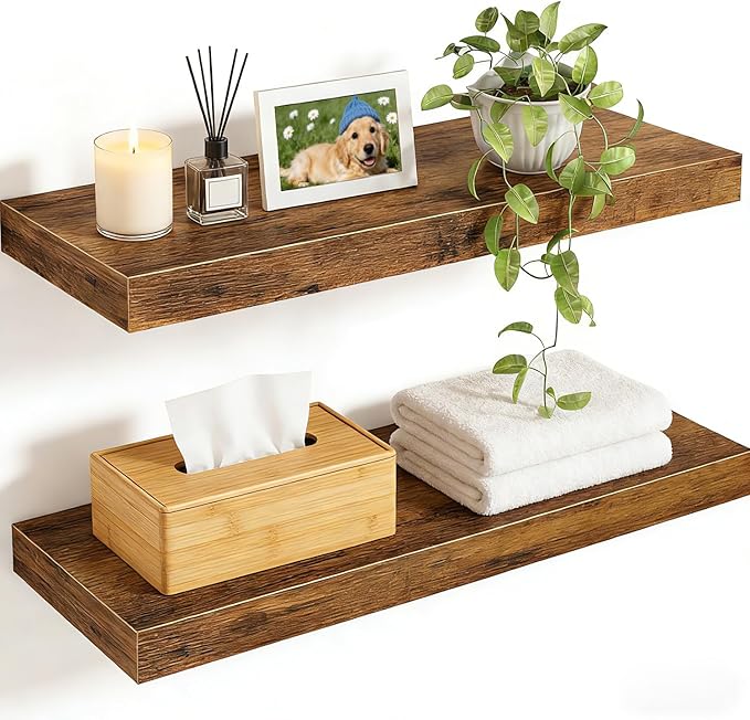 Solid Wood Floating Shelves Set of 2 - Waterproof Scratch Resistant Wall Mounted Shelves, Country Style Brown (15.75 in W × 9