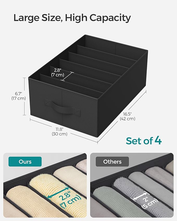 SONGMICS Set of 4 Large Size Wardrobe Clothes Organizers, 6-Compartment Foldable Drawer Organizers with Handles, 16.5 x 11.8 
