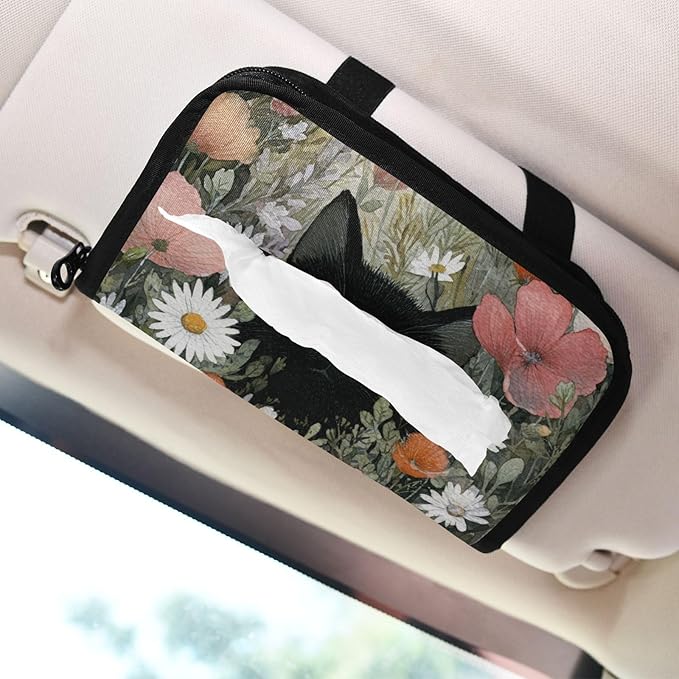Car Tissue Holder Car Visor Organizer Tissue Box Holder for Car Sun Visor Organizer with Car Vehicle Accessories Essentials Interior for Women Men Black Cat Poppy Daisy