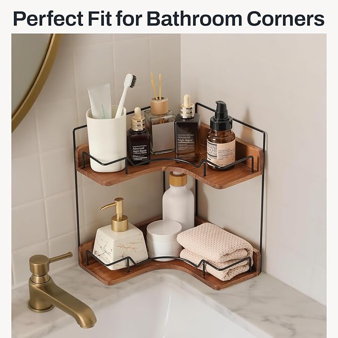 2-Tier Bathroom Counter Organizer, Wooden Corner Shelf for Vanity Countertop Skincare & Makeup, Storage and Organization for 